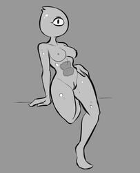 1_eye anthro breasts dynes_(peepingpigeon) female genitals goo_creature greyscale hand_on_hip humanoid leaning looking_at_viewer monochrome mouthless nipples noseless nude on_one_leg pussy solo standing steecks steeckykees