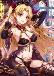 1girls animal_ears arms_up artist_name bangs bare_shoulders between_breasts black_bra black_legwear black_nails black_panties blonde_hair blurry blurry_background blush bra breasts bunny_ears chains cleavage earrings ereshkigal_(fate) eyelashes fate/grand_order fate_(series) female female_only gem gold_trim halterneck high_heels highres infinity jewelry long_hair looking_at_viewer medium_breasts nail_polish navel panties parted_bangs parted_lips pubic_tattoo red_eyes red_ribbon ribbon sakiyamama signature sitting smile solo sparkle tattoo thighs tiara two_side_up underwear wariza