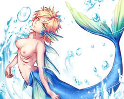 1girls 2015 alternate_species arched_back armpits battle_tendency blonde_hair breasts bubble caesar_zeppeli facial_mark female female_only fuuuu genderswap_(mtf) gills green_eyes head_fins humanoid jojo's_bizarre_adventure looking_at_viewer medium_breasts mermaid monster_girl navel nipples nude rule_63 short_hair shounen_jump simple_background smile solo water white_background