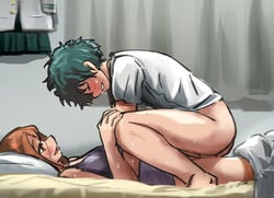 1boy 1futa anal anal_sex black_tank_top blush bottomless brown_eyes brown_hair closed_eyes clothed_sex cowgirl_position deep_penetration futa_on_male futanari green_hair heavy_breathing izuku_midoriya male_on_top male_penetrated medium_hair mounting my_hero_academia ochako_uraraka raitaroo short_hair sweat tank_top thick_thighs thighs wet