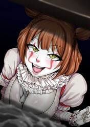 between_breasts bishoujo_pennywise bishoujo_terror cleavage clown clown_girl clown_makeup drain genderswap_(mtf) ginger high-angle_view it juna_juna_juice lips paper_boat pennywise red_hair rule_63 sewer smile solo stephen_king storm_drain two_side_up white_skin yellow_eyes