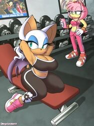 3girls amy_rose armpits armwear bat bat_wings big_breasts bimbo blaze_the_cat blue_eyeshadow cleavage clothing earphones footwear gloves gym handwear hi_res highres knuckles_the_echidna omegasunburst phone pink_fur rouge_the_bat rouge_the_rider sega shadow_the_hedgehog shoes shortstack socks sonic_(series) sonic_forces sonic_riders sonic_the_hedgehog sports_bra sportswear tan white_hair wings workout yoga_pants