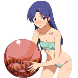 1girls 2013 a1 ball bandana bandeau bare_shoulders battle_tendency beach_ball bikini blue_hair blush breasts brown_eyes crossover erect_nipples eyebrows_visible_through_hair female female_only headband holding idolmaster jojo's_bizarre_adventure kisaragi_chihaya leaning_forward long_hair looking_at_viewer nipple_bulge open_mouth simple_background small_breasts solo spoilers standing swimsuit thighs white_background