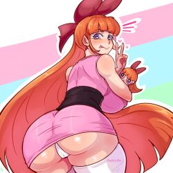 aged_up ass big_ass big_breasts blossom_(powerpuff_girls) cartoon_network dat_ass from_behind ginger_hair hair_bow hairbow large_breasts light-skinned_female long_hair looking_at_viewer looking_back nipple_bulge panties pink_dress pink_eyes pinkkoffin plushie powerpuff_girls red_bow thick_ass thick_thighs thighhighs v_sign viewed_from_below white_panties white_thong