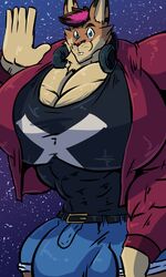 3:5 5_fingers anthro balls belt big_balls big_bulge big_muscles big_penis bobert bottomwear bulge clothing fingers genitals gesture hair headphones hi_res huge_balls huge_bulge huge_cock huge_muscles hyper hyper_balls hyper_bulge hyper_genitalia hyper_muscles hyper_pecs hyper_penis jacket jeans looking_at_viewer male male_only mammal muscular pants penis rob_(rgmbleh) rodent sciurid short_jeans smile solo topwear waving