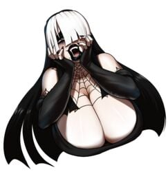 1girls ahe_gao bangs big_breasts black_dress black_gloves black_hair black_lipstick cobwebs covered_eyes dark_makeup fingerless_gloves goth gothmom huge_breasts marauder6272 one_eye_covered open_mouth white_hair