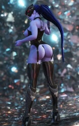 1girls 3d amelie_lacroix ass big_ass big_butt blizzard_entertainment boots breasts breasts_out c-string corset daz_studio female female_only garter_straps latex nipple_piercing noahgraphicz overwatch purple_skin solo tattoo thick_thighs wide_hips widowmaker