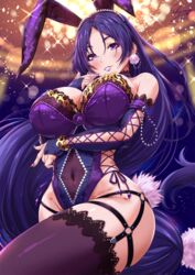 1girls animal_ears arm_under_breasts bangs bare_shoulders big_breasts blurry blurry_background blush bow bowtie breasts bridal_gauntlets bunny_ears bunny_tail bunnysuit choker cleavage covered_navel curvy detached_collar fake_animal_ears fate/grand_order fate_(series) female female_only finger_to_face garter_straps glitter gloves gold groin highres huge_breasts lace lace-trimmed_gloves lace-trimmed_legwear lace_choker large_breasts leotard lipstick long_hair looking_at_viewer milf minamoto_no_raikou_(fate/grand_order) multicolored_nails nail_art nail_polish o-ring parted_bangs parted_lips purple_eyes purple_gloves purple_hair purple_legwear purple_lips purple_lipstick purple_nails sakiyamama shiny shiny_skin sidelocks signature skindentation smile solo sparkle studded tail taut_clothes thick_thighs thighhighs thighs very_long_hair wide_hips wrist_cuffs