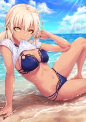 1girls ahoge arm_support artoria_pendragon artoria_pendragon_(alter) bangs barefoot beach bikini black_nails blonde_hair blue_bikini blue_sky breasts cleavage cloud day eyebrows_visible_through_hair fate/grand_order fate_(series) female female_only hand_up highres long_hair looking_at_viewer medium_breasts mouth_hold nail_polish navel o-ring o-ring_bikini outdoors sakiyamama shiny shiny_skin shirt short_sleeves signature sky smile solo stomach sunlight swimsuit tan thighs white_shirt yellow_eyes