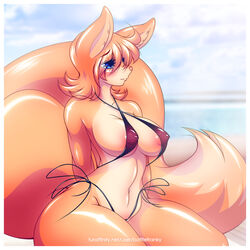 anthro ass battle_franky blue_eyes blush breasts clothed clothing detailed_background fan_character female female_only ferra_(battle_franky) fluffy fluffy_tail fox nipples nipples_visible_through_clothing open_mouth orange_fur orange_hair partially_clothed solo tail teeth