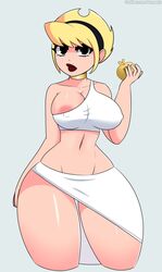 1girls areola_slip asymmetrical_legwear big_breasts black_eyes blonde_hair breasts bunzerk cartoon_network cleavage cosplay erect_nipples eris_(cosplay) female female_only golden_apple hourglass_figure lipstick mandy mandy_(billy_and_mandy) navel solo solo_female the_grim_adventures_of_billy_and_mandy thick_thighs wide_hips