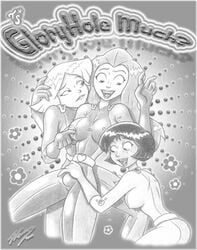 alex_(totally_spies) belt black_hair blonde_hair blue_eyes clothing clover_(totally_spies) comic_cover dark_skin dtiberius futanari green_eyes handwear hazel_eyes human jumpsuit monochrome orange_hair pale_skin redhead sam_(totally_spies) totally_spies trio yellow_eyes