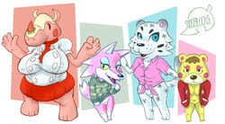 4girls animal_crossing bear bianca_(animal_crossing) black_eyes blue_eyes bottomless breasts clothed female female_only freya_(animal_crossing) fur furry group looking_at_viewer merengue_(animal_crossing) nintendo partially_clothed pink_fur pink_skin pussy revealing_clothes rhinoceros shooblocks standing tail tammy_(animal_crossing) tiger topwear trimmed_pubic_hair white_fur wolf yellow_eyes yellow_fur