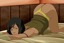 1girls all_fours arched_back ass ass_up avatar_legends bed bent_over black_hair blue_eyes brown_hair brown_skin clothing dark-skinned_female dark_skin drowsy female female_only g-string head_down_ass_up korra looking_at_viewer on_bed panties pinup solo straight_hair tank_top taped_wrists the_avatar the_legend_of_korra thong water_tribe woorkvaza yellow_thong