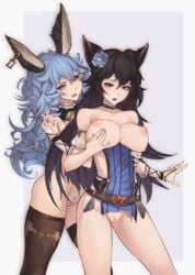 2girls absurdres animal_ears artist_name bangs bare_shoulders belt black_choker black_hair blue_hair blue_pubic_hair bottomless breast_grab breasts brown_eyes choker collarbone commentary commission d: detached_collar detached_sleeves ear_piercing erune ferry_(granblue_fantasy) flower frown grabbing grabbing_from_behind gradient gradient_background granblue_fantasy grey_background hair_between_eyes hair_flower hair_ornament heart_buckle highres large_breasts long_hair meolucky multiple_girls nier_(granblue_fantasy) nipples open_mouth ovosh147 pelvic_curtain piercing pubic_hair puffy_detached_sleeves puffy_sleeves pussy pussy_juice sideless_outfit simple_background thighhighs torn_clothes very_long_hair yellow_eyes yuri