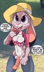 1futa 2023 5tflldartist5 anthro areolae balls breasts disney erect_nipples erection furry futa_only futanari gray_fur grey_fur judy_hopps large_breasts nipples penis penis_out purple_eyes rabbit solo text text_bubble thighs tight_clothing zootopia