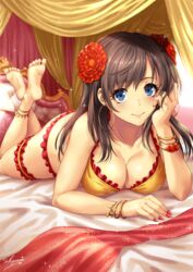 1girls anklet ass bangle bangs bare_shoulders barefoot blue_eyes blush bracelet breasts brown_hair cleavage collarbone crossed_ankles curtains dancer earrings eyebrows_visible_through_hair fate/grand_order fate_(series) feet feet_up female female_only flower hair_flower hair_ornament hand_to_own_cheek harem_outfit highres hoop_earrings indoors jewelry large_breasts light_particles long_hair looking_at_viewer lying mata_hari_(fate) nail_polish on_bed on_stomach red_nails sakiyamama sidelocks signature smile soles solo sparkle the_pose thighs toes