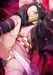 arms_up bar_censor black_hair blood blush brown_hair censored demon_slayer female gag half-closed_eye haori highres japanese_clothes kamado_nezuko kimetsu_no_yaiba kimono leg_lift leg_up long_hair multicolored_hair obi one_eye_closed onigirikun pink_eyes pink_kimono print_kimono pubic_hair red_ribbon restrained ribbon sash solo two-tone_hair very_long_hair