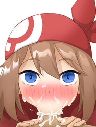 1boy 1girls :>= blue_eyes blush brown_hair clothed_female_nude_male cum cum_in_mouth cum_in_throat cum_inside cum_on_face cute dark-skinned_male deepthroat eye_contact fellatio female human looking_at_viewer male_pov may_(pokemon) medium_hair nintendo oral pale-skinned_female pemoyashi_(tianoblue) pokemon pokemon_rse pov shiny_skin teenager