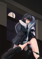 absurdres black_hair black_legwear blush fingering full_moon grey_hair hallway hatsushimo_(kantai_collection) highres kantai_collection kasumi_(kantai_collection) long_hair moon multiple_girls night night_sky off_shoulder open_mouth panties panties_around_one_leg pleated_skirt pussy pussy_juice red_eyes school_uniform side_ponytail skirt sky spread_legs star_(sky) starry_sky suzushi_moruto underwear window yuri