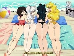 2020 4girls ass beach beach_towel bikini black_hair blake_belladonna blonde_hair bluethebone boombox butt clothing dat_ass faunus female female_only human human_only long_hair looking_back multicolored_hair multiple_girls one-piece_swimsuit outdoors ponytail retro_artstyle ruby_rose rwby short_hair subtitled swimsuit take_your_pick team_rwby thick_thighs weiss_schnee white_hair wide_hips yang_xiao_long