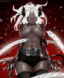 1girls 2020 abs areolae below_view belt big_breasts black_panties black_shorts black_thighhighs blush breasts chains dark-skinned_female dark_skin demon demon_girl demon_horns demon_tail easonx female female_only from_below frown grey_skin helltaker horns judgement_(helltaker) large_breasts looking_at_viewer looking_down muscles muscular_female nipples no_bra open_clothes pentagram red_background shiny_skin shorts simple_background smirk solo tail thighhighs thighs viewed_from_below white_eyebrows white_eyes white_hair