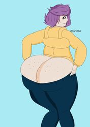 1girls ass ass_cleavage ass_focus big_ass big_butt bottom_heavy butt_crack dat_ass emma_(weirdisfun) female female_only freckles hoodie huge_butt huge_cock large_ass leggings leggings_pull looking_back purple_hair short_hair solo solo_female storydelight text weirdisfun yellow_hoodie