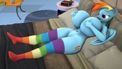 16:9 3d anthro bed big_breasts bodily_fluids breasts casual_nudity equid female friendship_is_magic furniture furry genitals hi_res holding_breast huge_breasts lactating mammal my_little_pony nude pinkierawr pussy rainbow_dash_(mlp) solo straight_hair widescreen