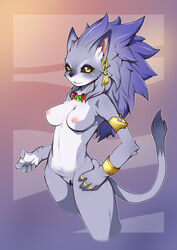 2020 anthro belladonna_(trials_of_mana) black_sclera bracelet breasts censored ear_piercing felid feline female fur genitals grey_body grey_fur hi_res j7w jewelry mammal necklace nipples nude piercing pussy ring solo trials_of_mana yellow_eyes