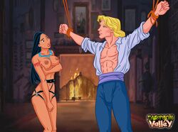 1boy 1girls bdsm black_hair blonde_hair bondage bound bound_wrists breasts cartoonvalley.com clothed_male_nude_female clothing dark-skinned_female dark_skin disney disney_princess first_time helpless john_smith male native_american nipples pocahontas pocahontas_(character) prisoner royalty