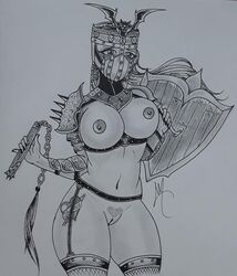 1girls big_breasts blush breasts conqueror_(for_honor) female flail for_honor garter_belt helmet nipples pussy shield simple_background sirchanceman solo solo_female