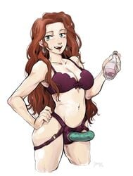 bramblefix brown_hair dorothea_arnault fire_emblem fire_emblem:_three_houses looking_at_viewer lube lube_bottle post-timeskip presenting_strap-on strap-on