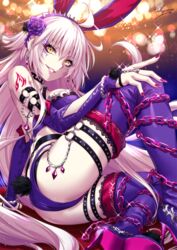 1girls ahoge amethyst_(gemstone) animal_ears ass bangs bare_shoulders blurry blurry_background blush bokeh boots bra breasts bridal_gauntlets bunny_ears bunny_tail bunnysuit chains depth_of_field earrings eyeliner fake_animal_ears fate/grand_order fate_(series) female female_only flower glint grin hair_between_eyes hair_flower hair_ornament high_heel_boots high_heels highres jeanne_alter jewelry knee_up lace lace-trimmed_legwear large_breasts legs long_hair looking_at_viewer makeup nail_art nail_polish o-ring panties pink_nails purple_bra purple_flower purple_footwear purple_panties purple_rose rose sakiyamama shoulder_tattoo silver_hair sitting smile solo stiletto_boots stiletto_heels tail tattoo thigh_boots thigh_strap thighhighs thighhighs_under_boots thighs underwear very_long_hair yellow_eyes