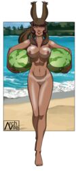 archvile_(artist) areolae breasts dark-skinned_female female female_only final_fantasy final_fantasy_xiv nipples nude solo tanlines viera watermelon