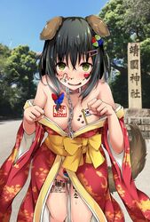 1girls black_hair breast_tattoo english_text face_tattoo female female_only floppy_ears green_eyes hair_ornament hair_stick hairpin humiliation japan japanese japanese_clothes k-ntr kimono korean_text mind_break public_exposure raceplay shrine shrine_maiden slave slave_collar slavegirl solo solo_female source_request south_korean_flag tail wet_pussy yasukuni_shrine