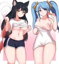 2020 2girls accidental_exposure ahri areola_slip areolae artist_request bangs bare_midriff bare_shoulders bare_thighs barely_visible_genitalia barely_visible_pussy big_breasts black_hair blue_hair blurry blush bra breast_out breast_slip cameltoe cheonnop_(artist) collarbone confident convenient_censoring embarrassed eyebrows eyebrows_visible_through_hair eyelashes eyelashes_visible_through_hair female female_focus female_only food_play fox_ears fringe_hair furry_ears furry_tail gradient_background gym_shorts holding_bra holding_towel huge_breasts ice_cream league_of_legends long_hair looking_at_object looking_at_viewer mole mole_on_breast navel oversized_clothes oversized_shirt pixiv pulling_shirt red_bra riot_games shirt_lift short_shorts shorts simple_background smiling sona_buvelle t-shirt tail thick_thighs towel towel_only twintails underboob very_long_hair wardrobe_malfunction whisker_markings wide_hips yellow_eyes