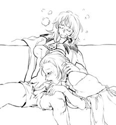 2girls bramblefix byleth_(fire_emblem) byleth_(fire_emblem)_(female) fellatio female_on_futa fire_emblem fire_emblem:_three_houses futa_on_female futanari grin manuela_casagranda monochrome oral sketch yuri