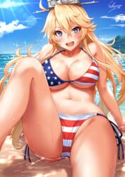 1girls ahoge american_flag american_flag_bikini arm_support artist_name beach big_breasts bikini blonde_hair blue_eyes blush breasts collarbone day female female_only flag_print hair_between_eyes headgear highres huge_breasts iowa_(kantai_collection) kantai_collection large_breasts leg_up light_rays long_hair looking_at_viewer navel open_mouth outdoors sakiyamama sand side-tie_bikini sidelocks sitting solo star star-shaped_pupils swimsuit symbol-shaped_pupils