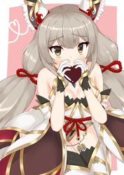 1girls animal_ear_fluff animal_ears aquas_desuyo bangs blunt_bangs blush bow breasts cat_ears chocolate chocolate_heart cleavage eyebrows_visible_through_hair female gloves grey_hair heart highres leotard looking_at_viewer medium_breasts nia nia_(blade) nia_(xenoblade) nintendo pink_background shy solo spoilers thighhighs thighs twintails white_background white_gloves white_leotard xenoblade_(series) xenoblade_chronicles_2 yellow_eyes