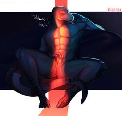 abs animal_genitalia anthro beastars bedroom_eyes biceps bigolefuck blep cloaca dialogue english_text front_view full-length_portrait genital_slit genitals gosha_(beastars) hi_res komodo_dragon lizard male male_only monitor_lizard muscular narrowed_eyes naughty_face nude pecs penis penis_tip portrait reclining reptile scalie seductive slit solo text tongue tongue_out