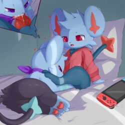 <3_pawpads 1:1 1boy 1girls 3_toes absurd_res alternate_color animal_genitalia animal_penis anthro anthro_on_anthro anthro_penetrated anthro_penetrating anthro_penetrating_anthro anthrofied anus ass bed bedroom big_ears big_head blue_body blue_ears blue_fur blush bodily_fluids bottomless canine_penis cheek_tuft clothed clothing cum cum_in_mouth cum_inside cutaway duo ejaculation erect_tail facial_tuft feet fellatio female female_penetrated fur fur_tuft furniture furry genital_fluids half-closed_eyes head_tuft heart heart-shaped_pupils hi_res inside knot looking_at_another looking_at_partner looking_at_penis looking_down lying male male_penetrating male_penetrating_female motion_lines neve_(plattyneko) nintendo nintendo_switch on_bed on_side open_mouth oral oral_penetration original_character pawpads paws penetration penile penis pillow pink_eyes pink_pupils plattyneko pokémon_(species) pokemon pokemon_dppt purple_eyes purple_pupils purple_scarf pussy pussy_juice red_clothing red_knot red_penis red_sweater red_topwear scarf semi-anthro sex shaking shinx sitting spread_legs spreading sweater toes tongue topwear tuft video_games zipper