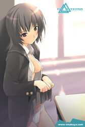 amagami black_hair blazer io_takuya nanasaki_ai open_clothes open_shirt panties pointy_chin school_uniform shirt short_hair skirt skirt_lift underwear