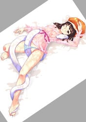 bakemonogatari barefoot brown_hair cabbie_hat flat_chest hat legs monogatari_(series) niko niko_(azurite) panties panty_pull pointy_chin see-through sengoku_nadeko short_hair snake striped_panties underwear wince wink