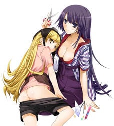 2girls ass bakemonogatari bashamichi blonde_hair breasts cleavage down_blouse fangs goggles hakama hat japanese_clothes kimono long_hair looking_back monogatari_(series) multiple_girls nakajima_yuka nipple_slip nipples no_bra no_panties open_mouth oshino_shinobu purple_eyes purple_hair pussy scissors senjougahara_hitagi shorts shorts_pull sitting smile uncensored undressing very_long_hair yagasuri yellow_eyes