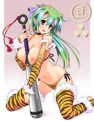 1girls between_breasts blush breasts cleavage club copyright_request female green_hair horns itoji kanabo kanabou large_breasts long_hair monster_girl nipples object_between_breasts oni pointy_ears purple_eyes solo thighhighs tiger_print toeless_socks weapon