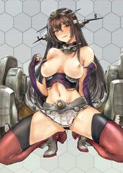 bare_shoulders black_panties blush breasts brown_hair collar elbow_gloves female fingerless_gloves fingers gloves hair_ornament highres kantai_collection long_hair looking_at_viewer nagato_(kantai_collection) navel osakana_(denpa_yun'yun) panties pussy_juice red_eyes red_legwear skirt solo sweat thighhighs underwear