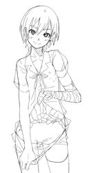 bike_shorts dress female hijiri kanbaru_suruga line_art monochrome monogatari_(series) no_panties pointy_chin school_uniform shorts shorts_pull skirt skirt_lift solo yada_ei