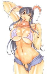 animal_ear areolae areolae_slip azuki_kurenai bikini breasts bunny_ear denim denim_shorts highres huge_breasts no_panties shorts swimsuit unzipped