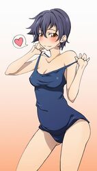 blush heart kanbaru_suruga monogatari_(series) one-piece_swimsuit pointy_chin school_swimsuit short_hair solo standing strap_pull swimsuit tomboy touryou very_short_hair