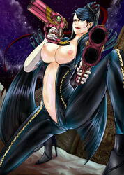 1girls bayonetta bayonetta_(character) black_hair breasts dual_wielding female gun handgun high_heels lagarto lipstick long_hair makeup mole navel night nipples open_clothes open_shirt pistol pointy_chin sega shirt shoes solo squat squatting star unzipped weapon witch